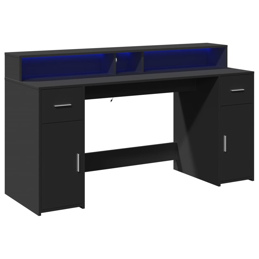 Bureau met LED-verlichting 160x55x91 cm bewerkt hout zwart