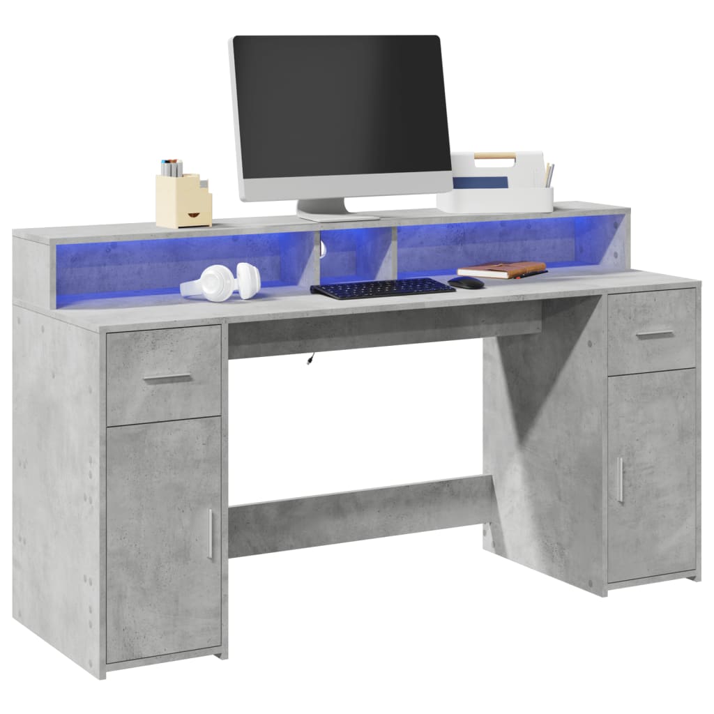 Bureau met LED-verlichting 160x55x91 cm bewerkt hout betongrijs