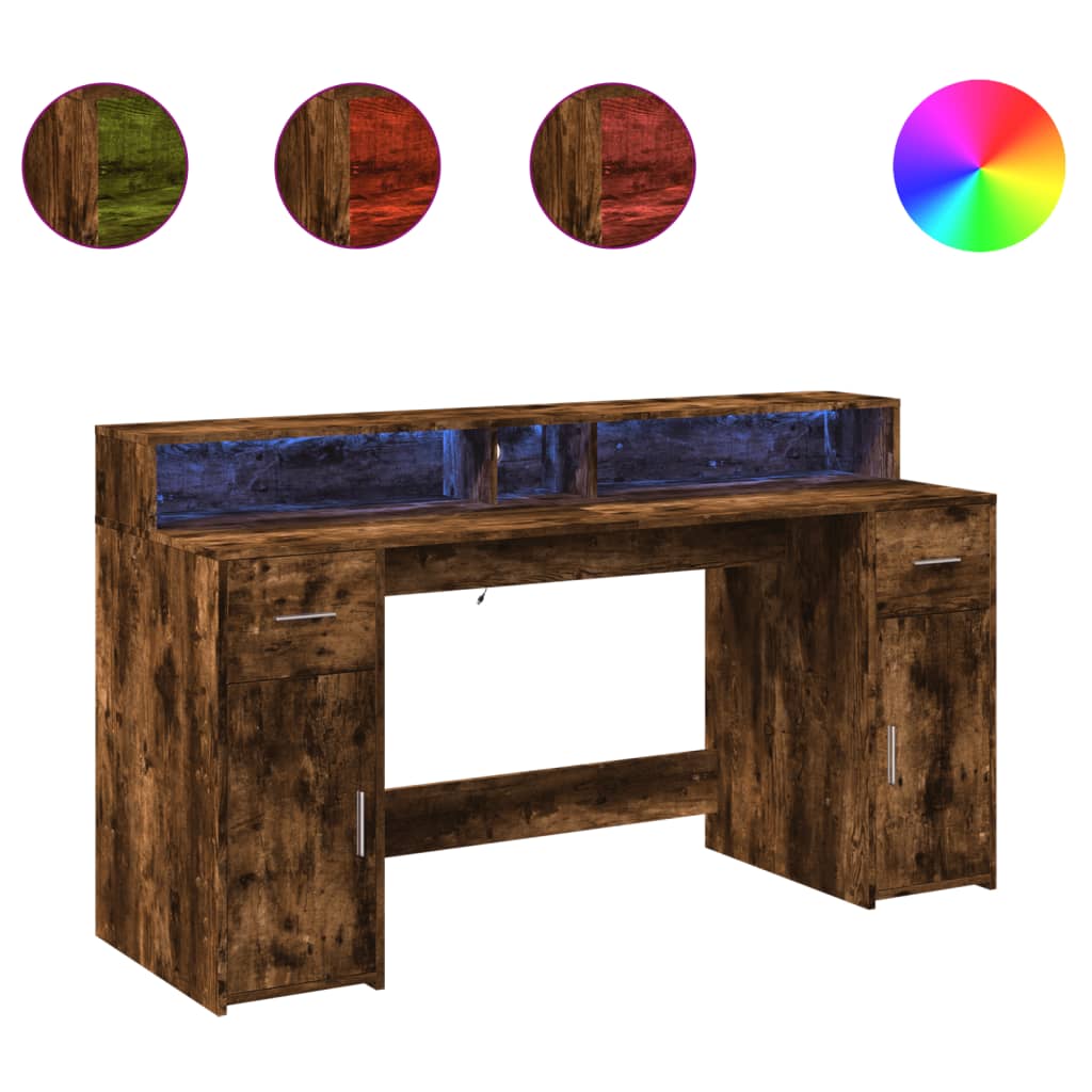 Bureau met LED-verlichting 160x55x91 cm hout gerookt eikenkleur