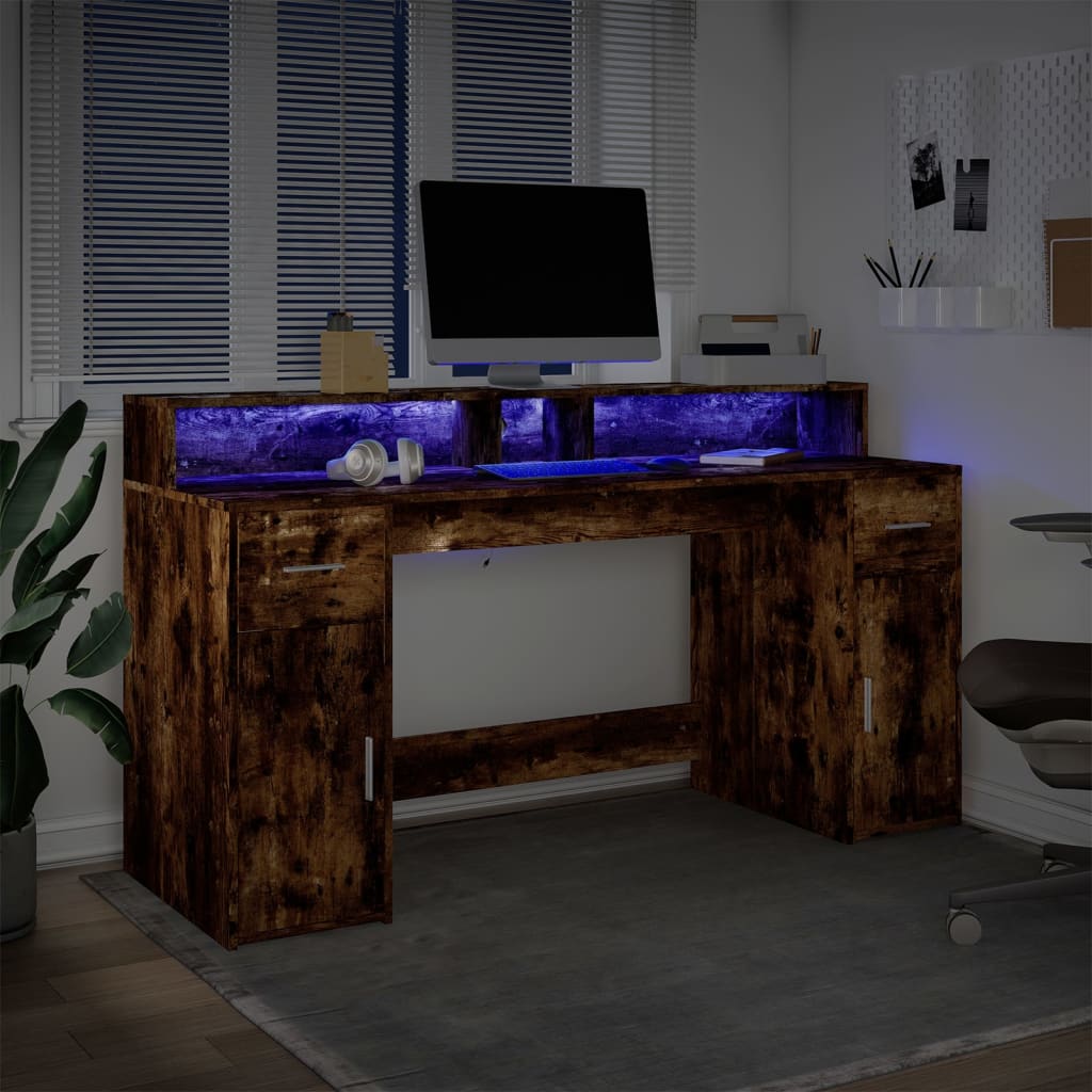 Bureau met LED-verlichting 160x55x91 cm hout gerookt eikenkleur