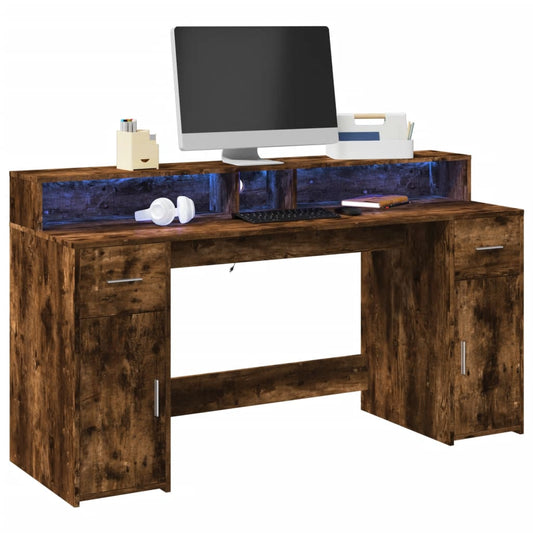 Bureau met LED-verlichting 160x55x91 cm hout gerookt eikenkleur