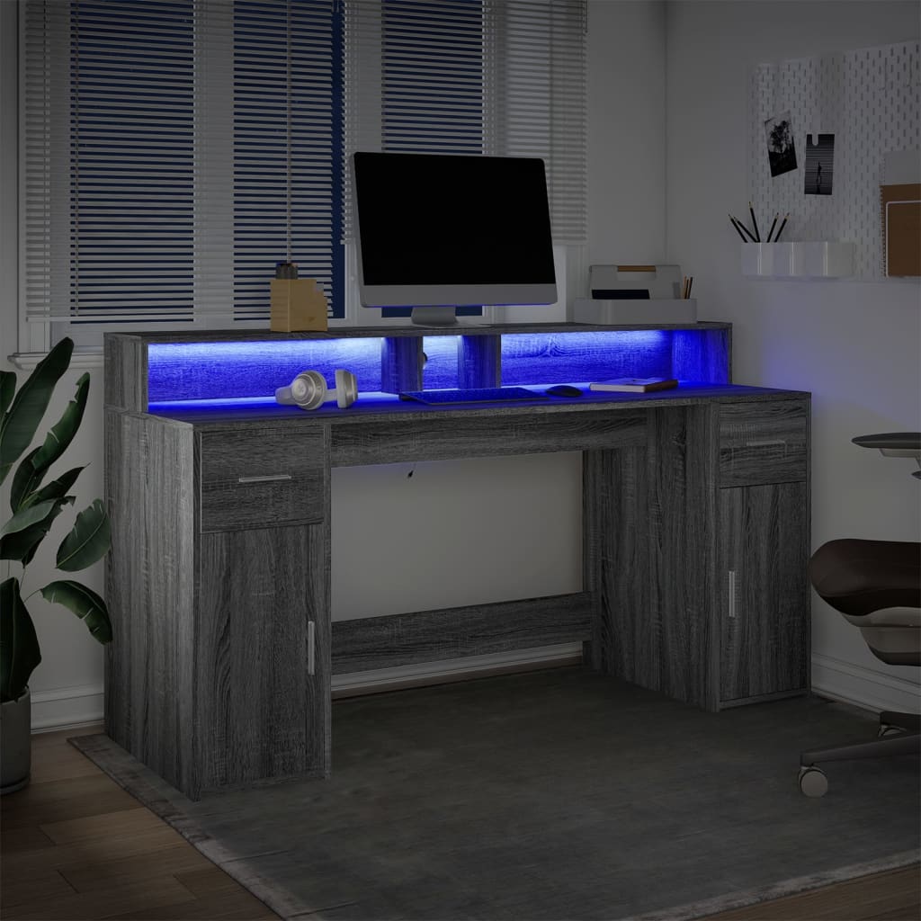 Bureau met LED-verlichting 160x55x91 cm hout grijs sonoma eiken