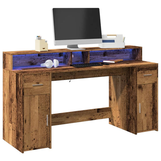 Bureau met LED-verlichting 160x55x91 cm bewerkt hout oud hout