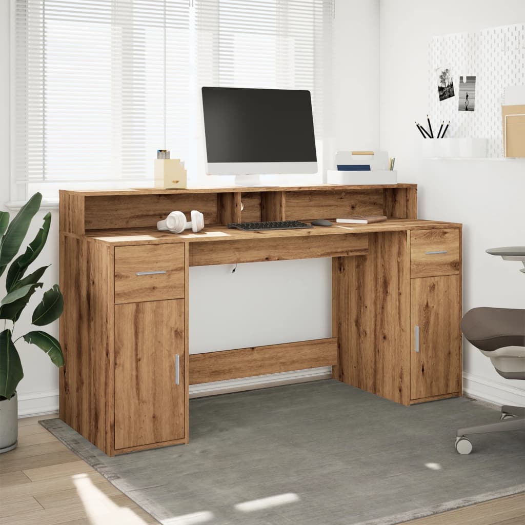 Bureau met LED-verlichting 160x55x91 cm hout artisanaal eiken