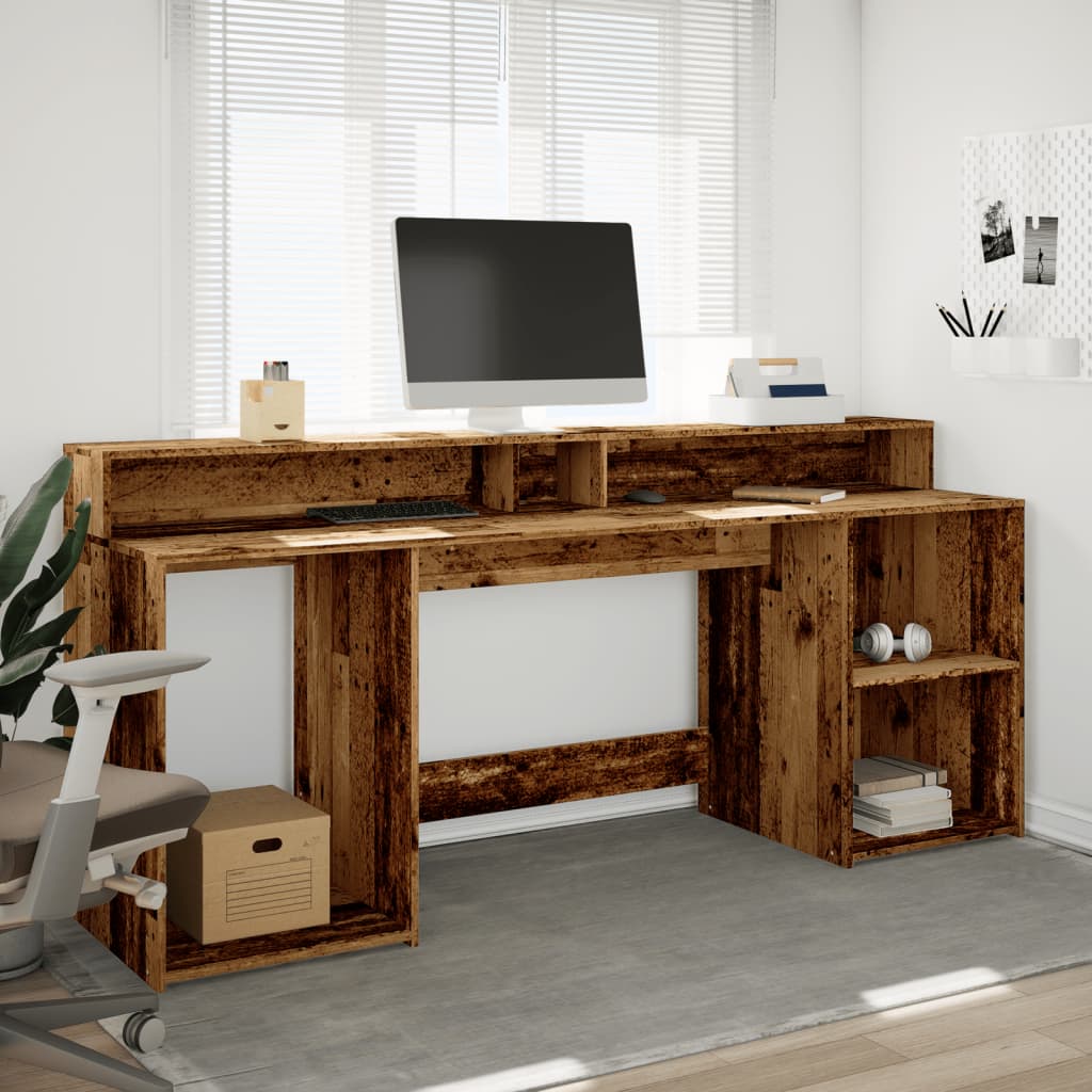 Bureau met LED-verlichting 200x55x91 cm bewerkt hout oud hout