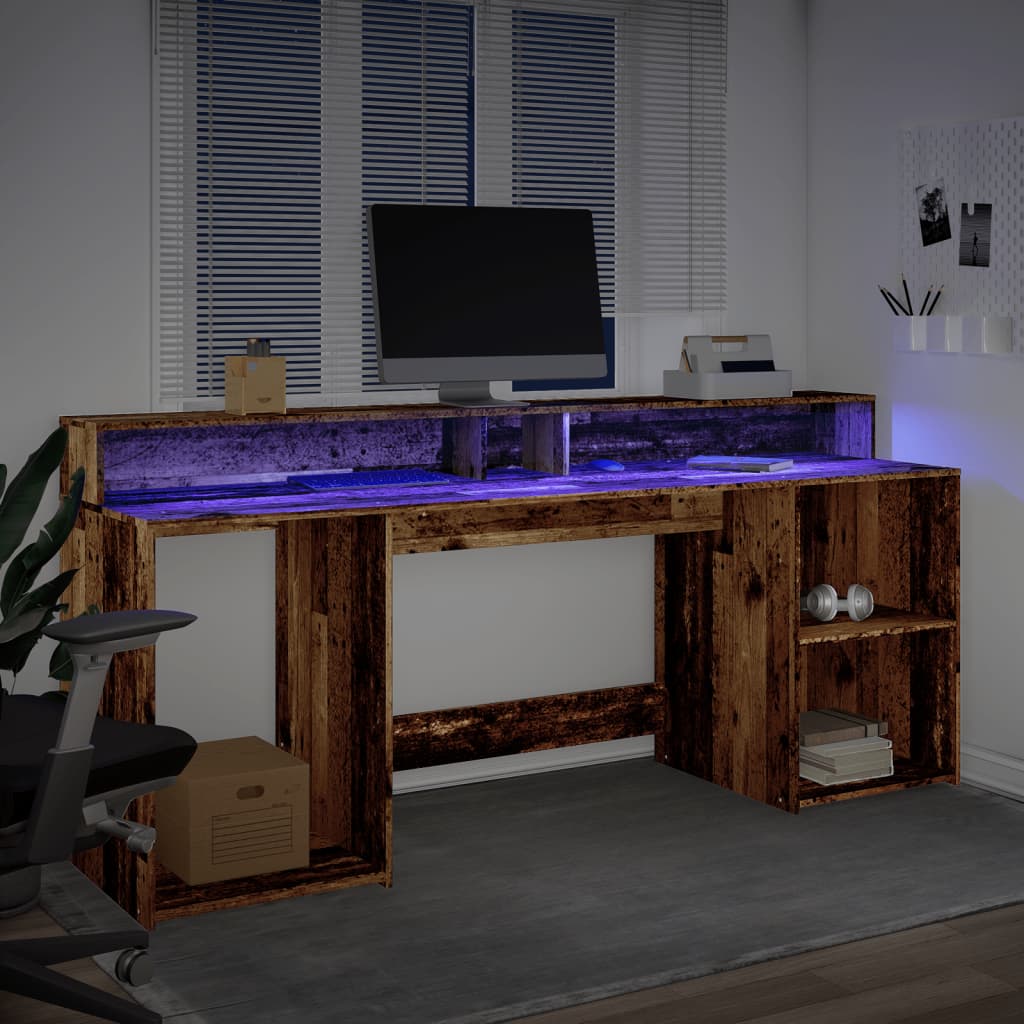 Bureau met LED-verlichting 200x55x91 cm bewerkt hout oud hout