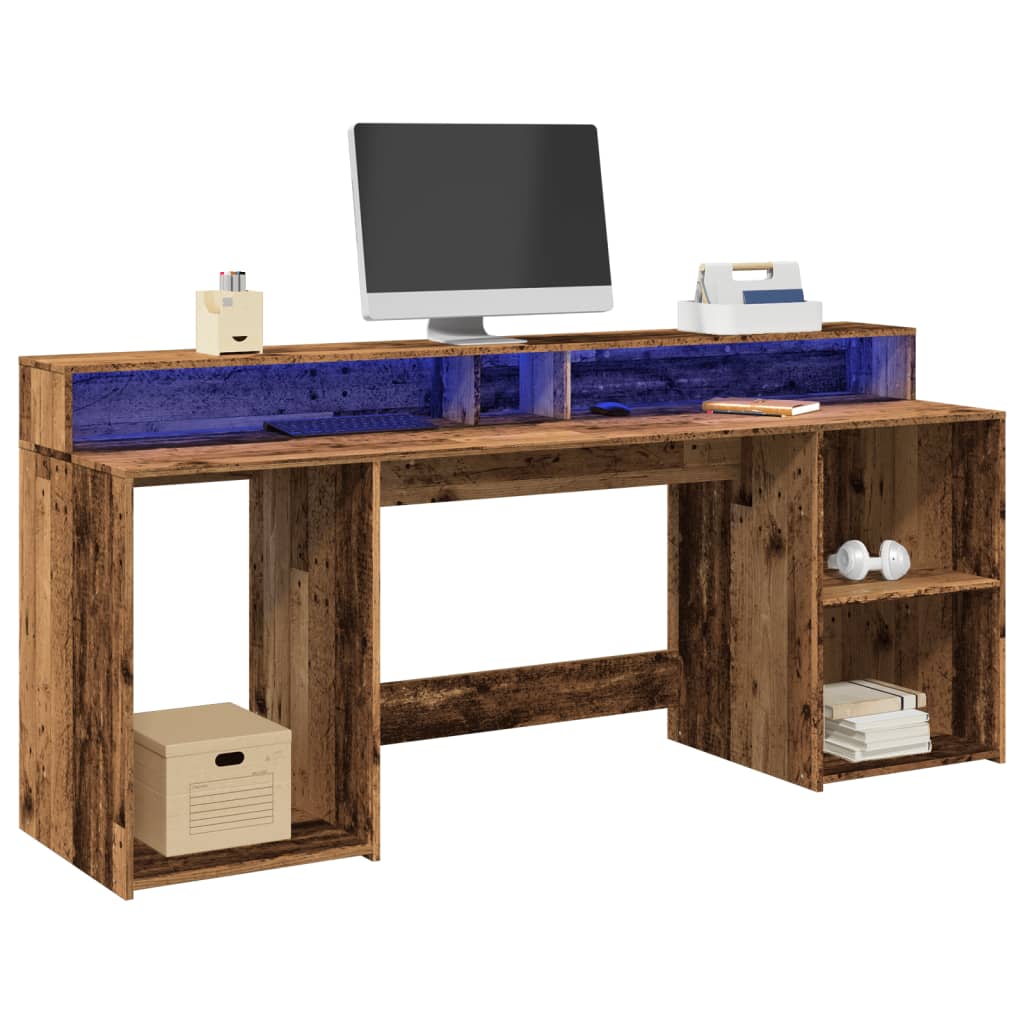 Bureau met LED-verlichting 200x55x91 cm bewerkt hout oud hout