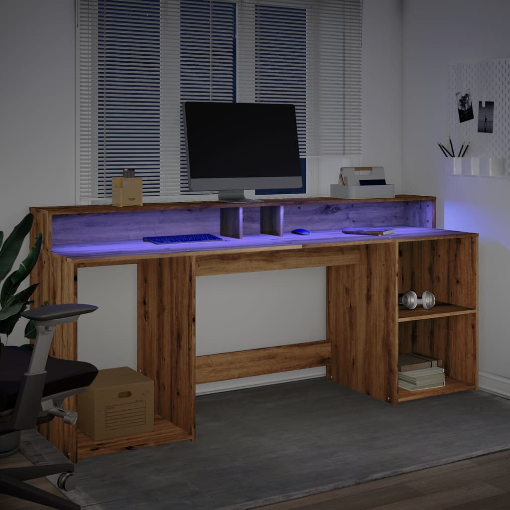 Bureau met LED-verlichting 200x55x91 cm hout artisanaal eiken