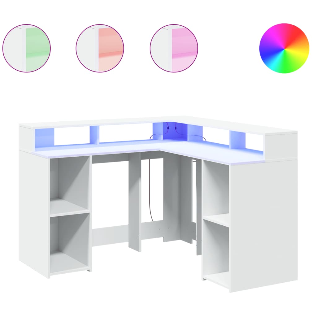 Bureau met LED-verlichting 130x130x91 cm bewerkt hout wit