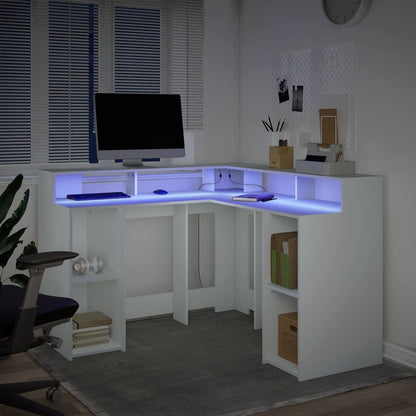 Bureau met LED-verlichting 130x130x91 cm bewerkt hout wit