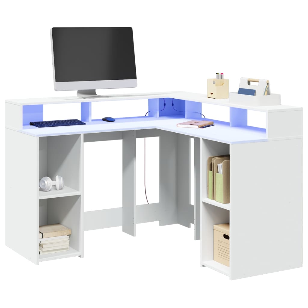 Bureau met LED-verlichting 130x130x91 cm bewerkt hout wit