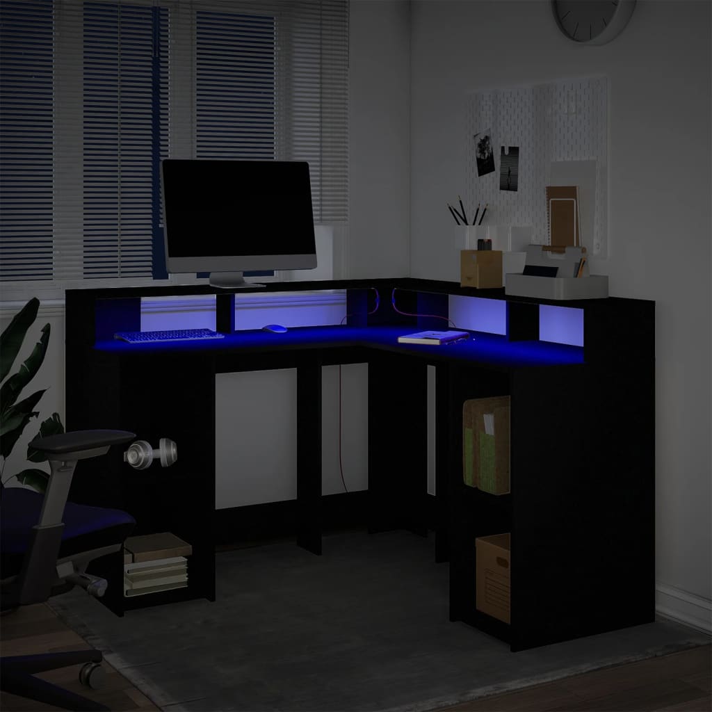 Bureau met LED-verlichting 130x130x91 cm bewerkt hout zwart