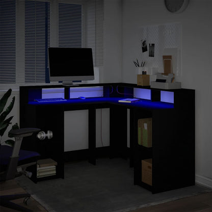 Bureau met LED-verlichting 130x130x91 cm bewerkt hout zwart