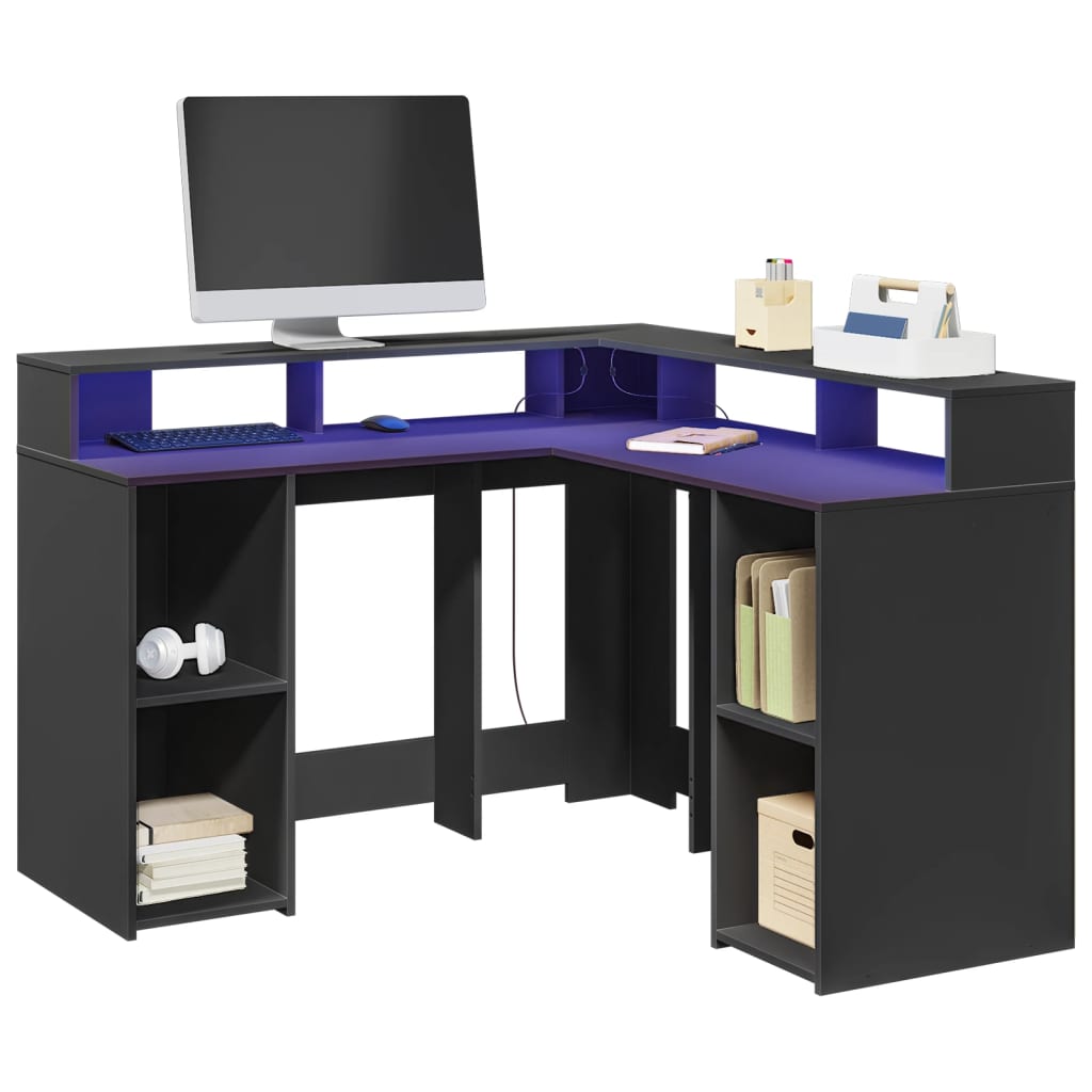 Bureau met LED-verlichting 130x130x91 cm bewerkt hout zwart