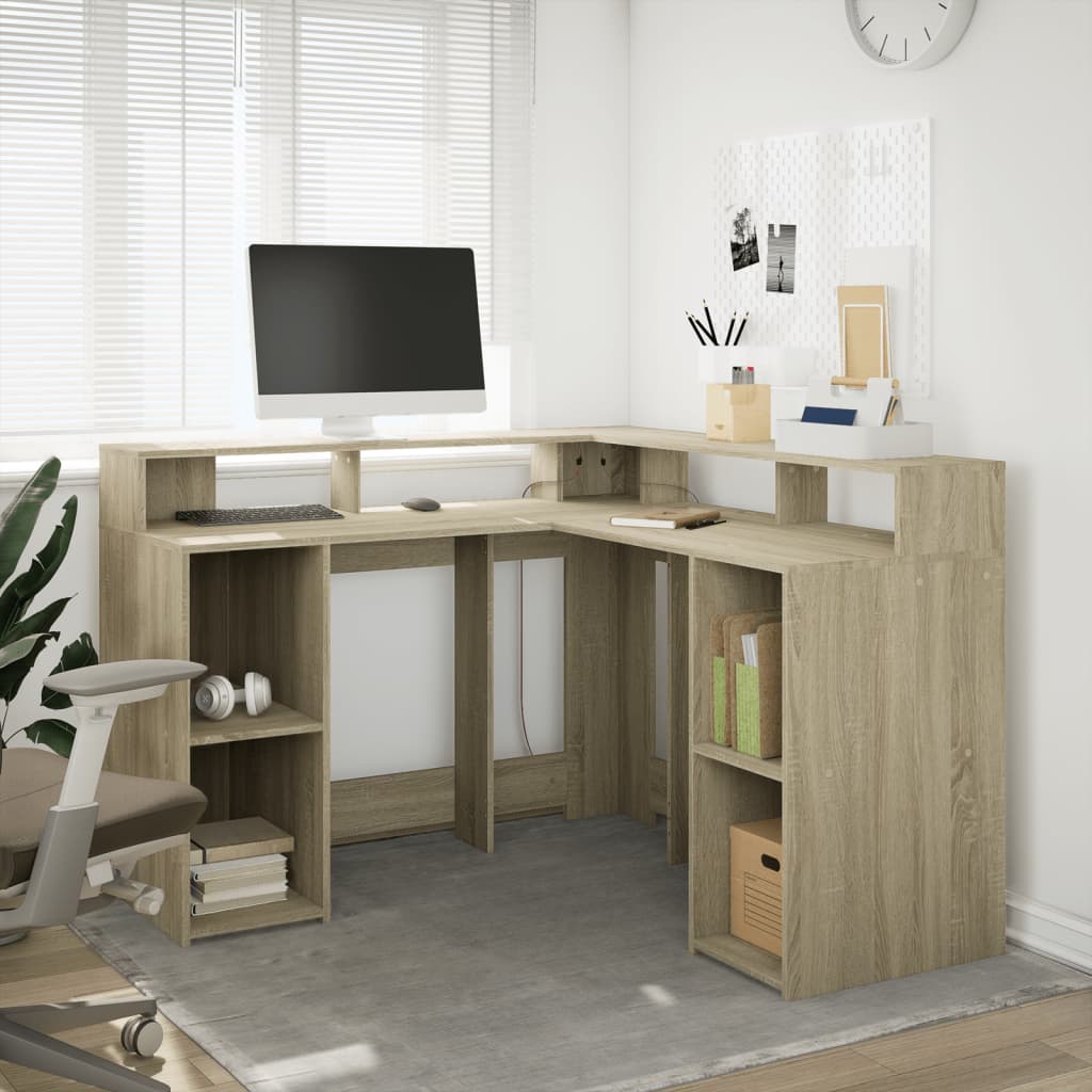 Bureau met LED-verlichting 130x130x91 cm hout sonoma eikenkleur