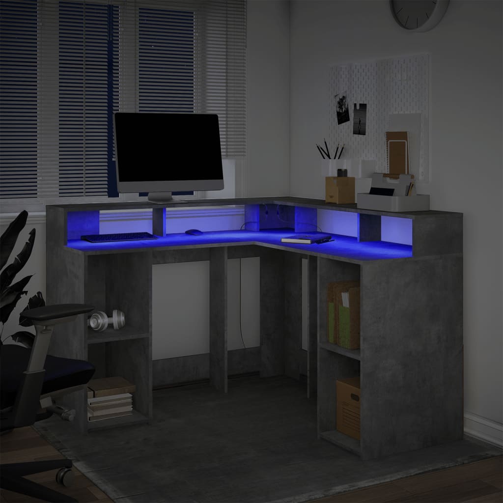 Bureau met LED-verlichting 130x130x91 cm hout betongrijs