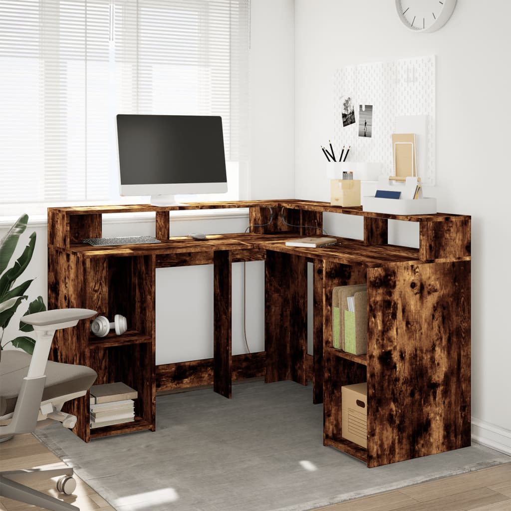 Bureau met LED-verlichting 130x130x91 cm hout gerookt eiken