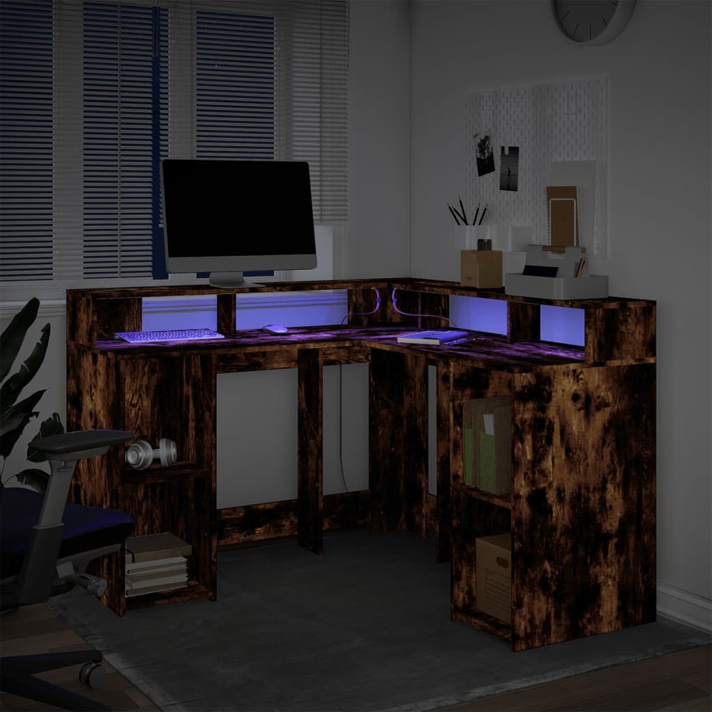 Bureau met LED-verlichting 130x130x91 cm hout gerookt eiken