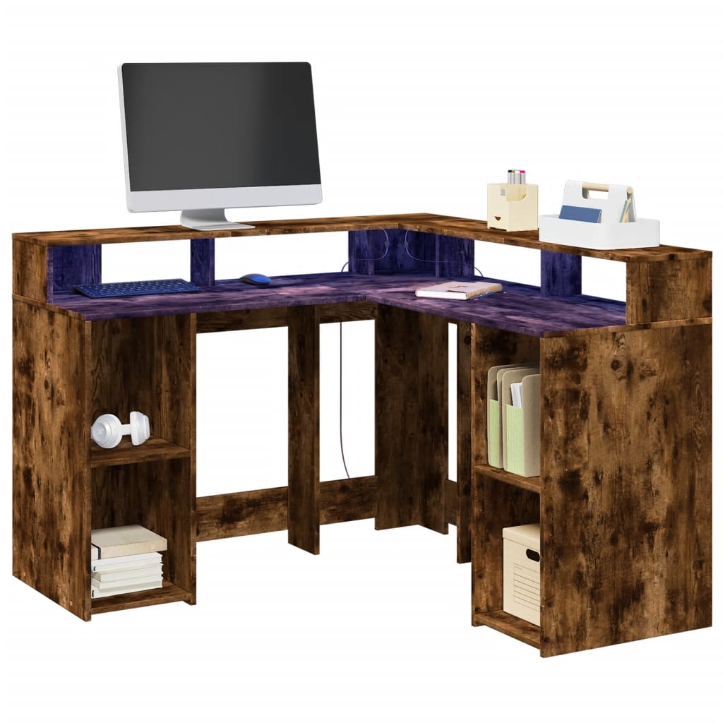 Bureau met LED-verlichting 130x130x91 cm hout gerookt eiken