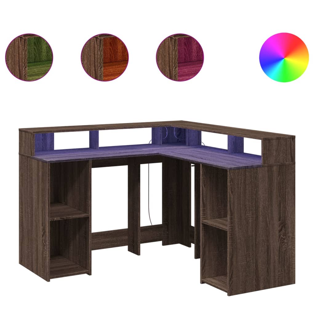 Bureau met LED-verlichting 130x130x91 cm hout bruin eikenkleur