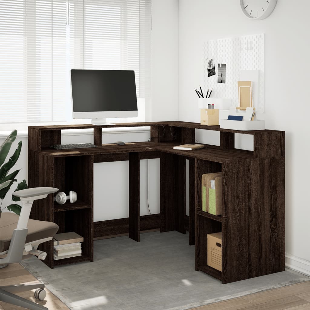 Bureau met LED-verlichting 130x130x91 cm hout bruin eikenkleur