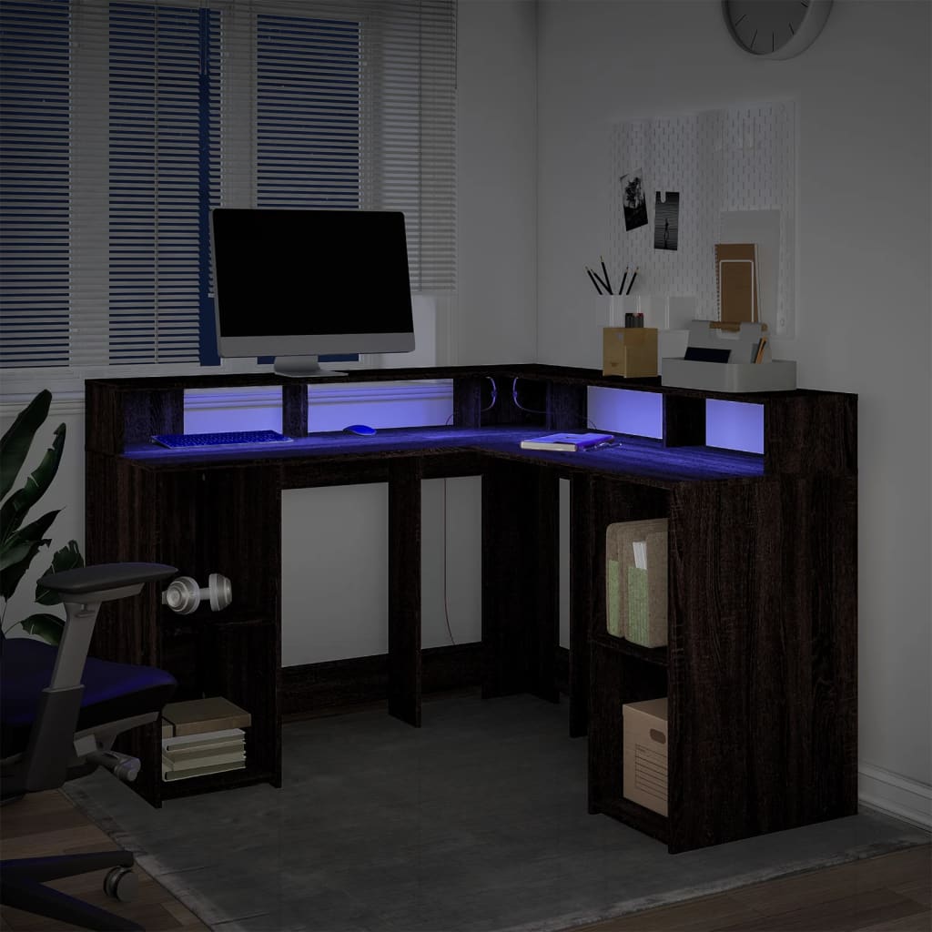 Bureau met LED-verlichting 130x130x91 cm hout bruin eikenkleur