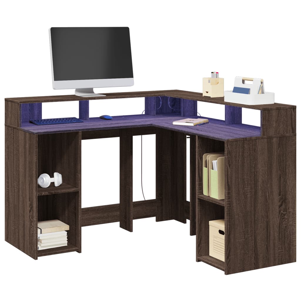 Bureau met LED-verlichting 130x130x91 cm hout bruin eikenkleur