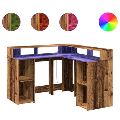 Bureau met LED-verlichting 130x130x91 cm bewerkt hout oud hout