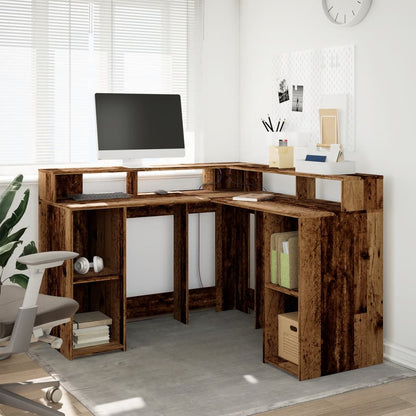 Bureau met LED-verlichting 130x130x91 cm bewerkt hout oud hout