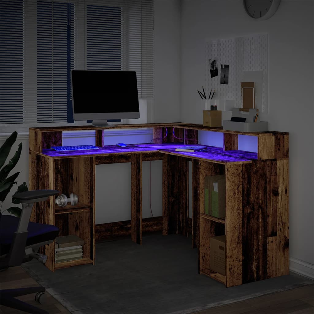 Bureau met LED-verlichting 130x130x91 cm bewerkt hout oud hout