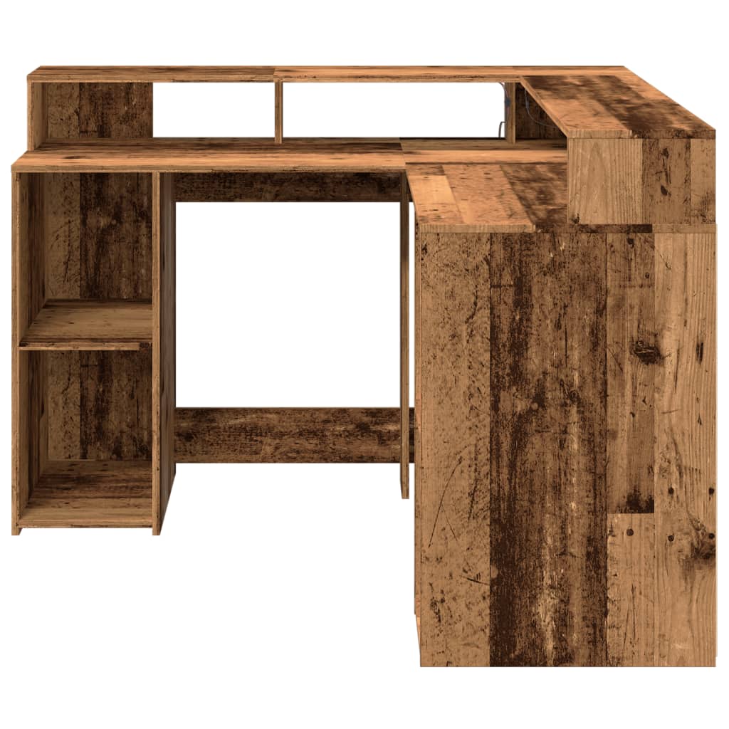 Bureau met LED-verlichting 130x130x91 cm bewerkt hout oud hout