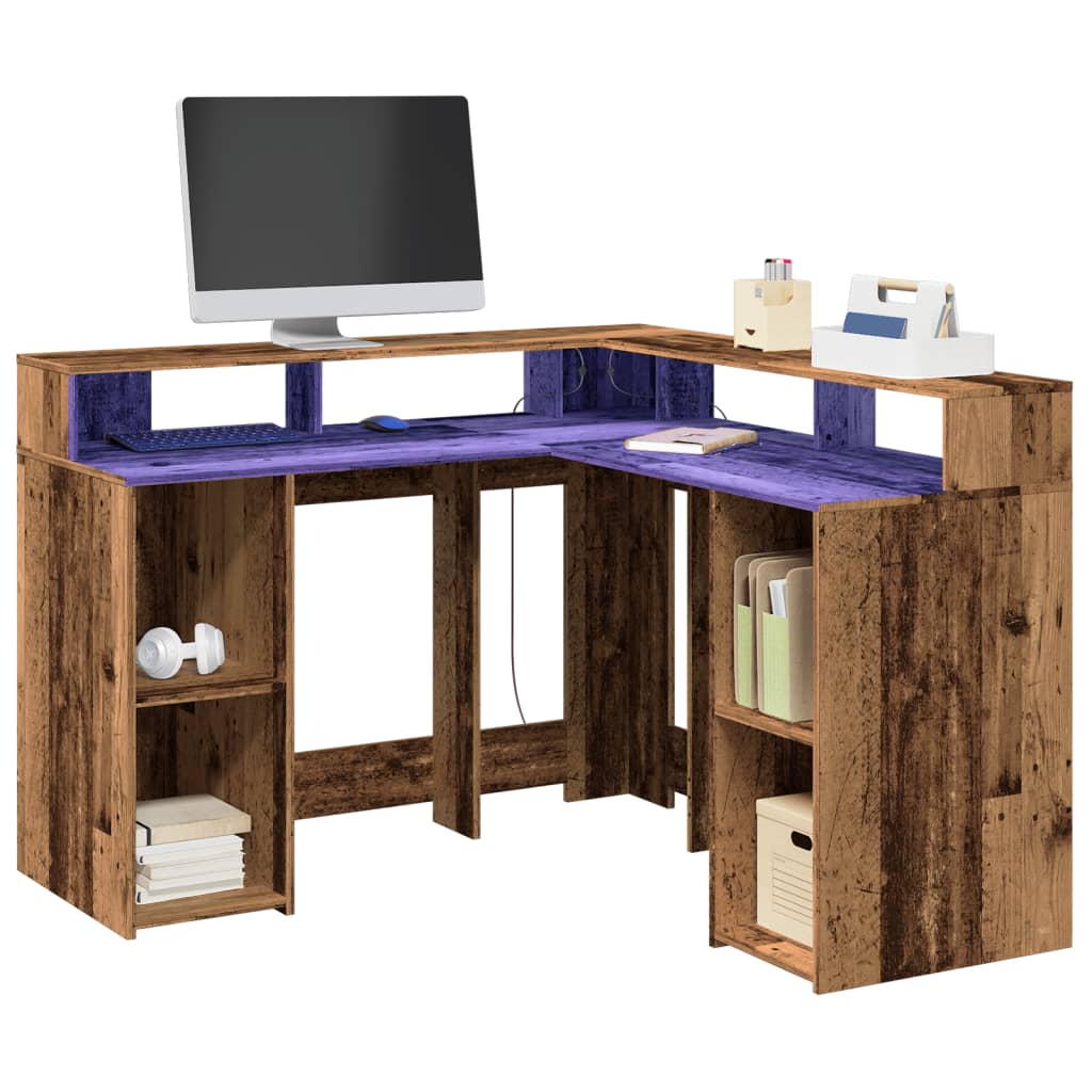 Bureau met LED-verlichting 130x130x91 cm bewerkt hout oud hout