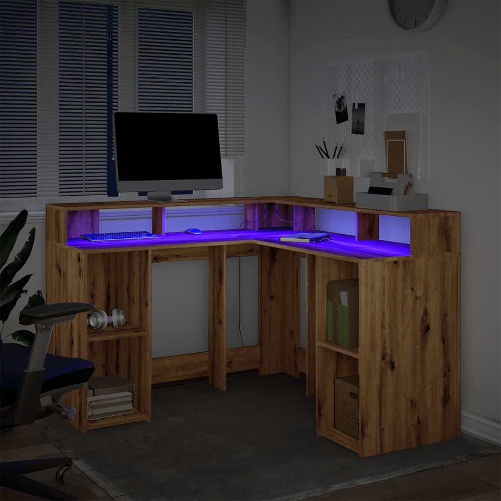 Bureau met LED-verlichting 130x130x91 cm hout artisanaal eiken