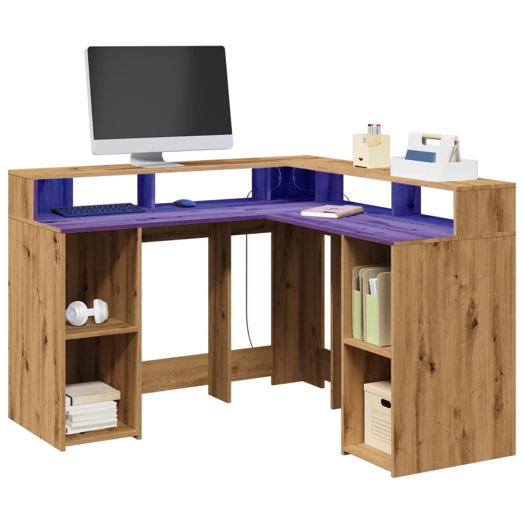 Bureau met LED-verlichting 130x130x91 cm hout artisanaal eiken