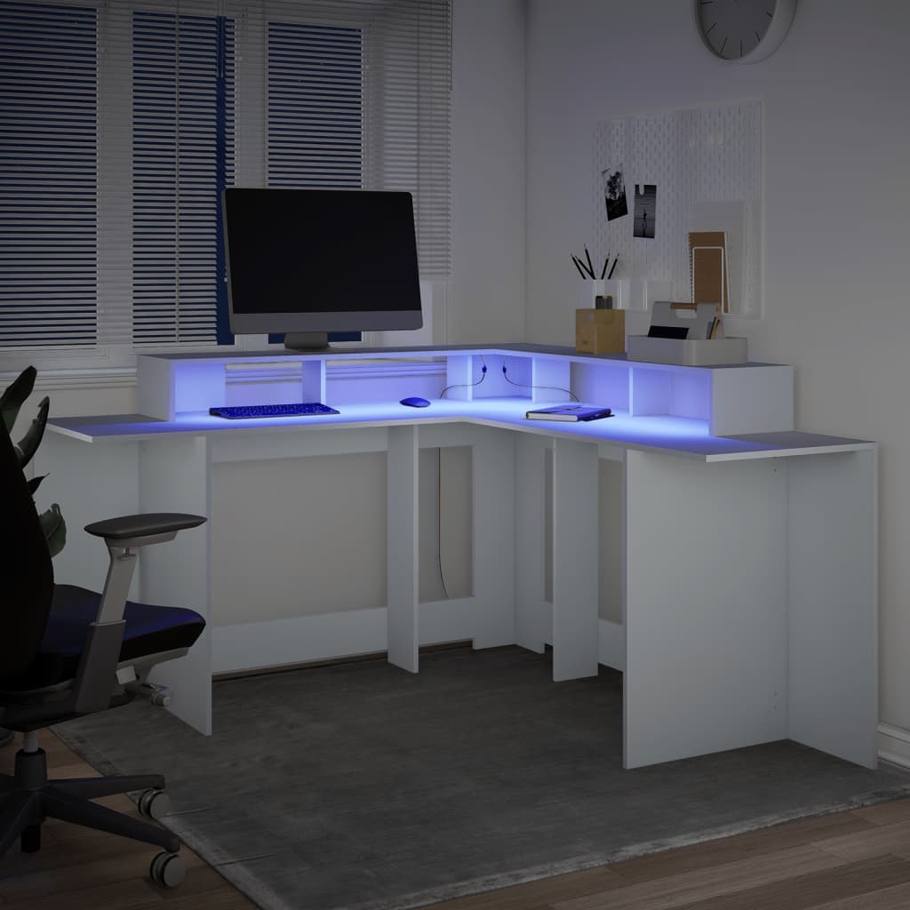 Bureau met LED-verlichting 152x152x91 cm bewerkt hout wit