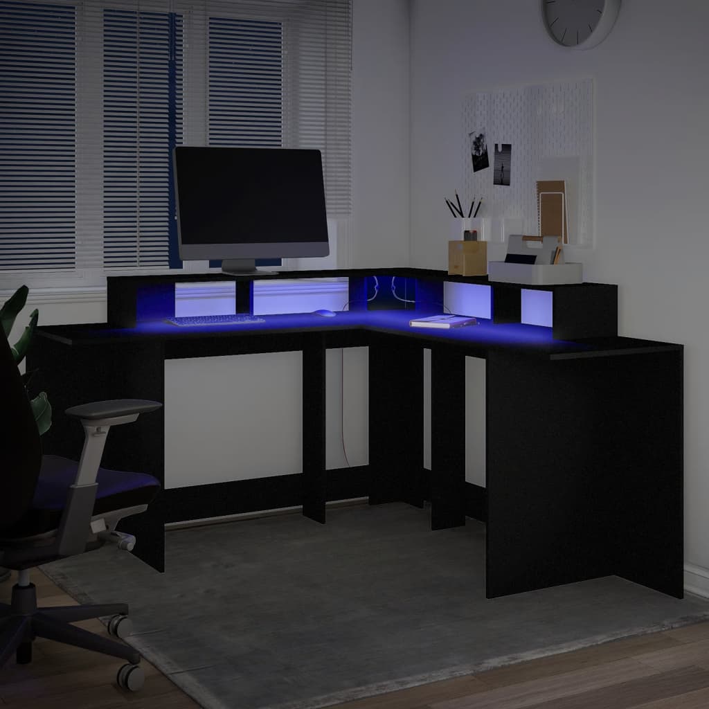 Bureau met LED-verlichting 152x152x91 cm bewerkt hout zwart