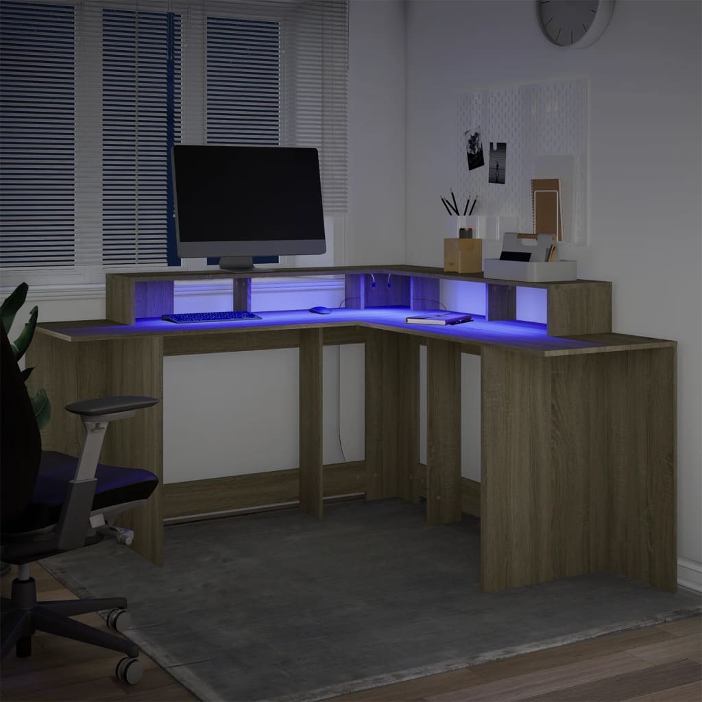 Bureau met LED-verlichting 152x152x91 cm hout sonoma eikenkleur