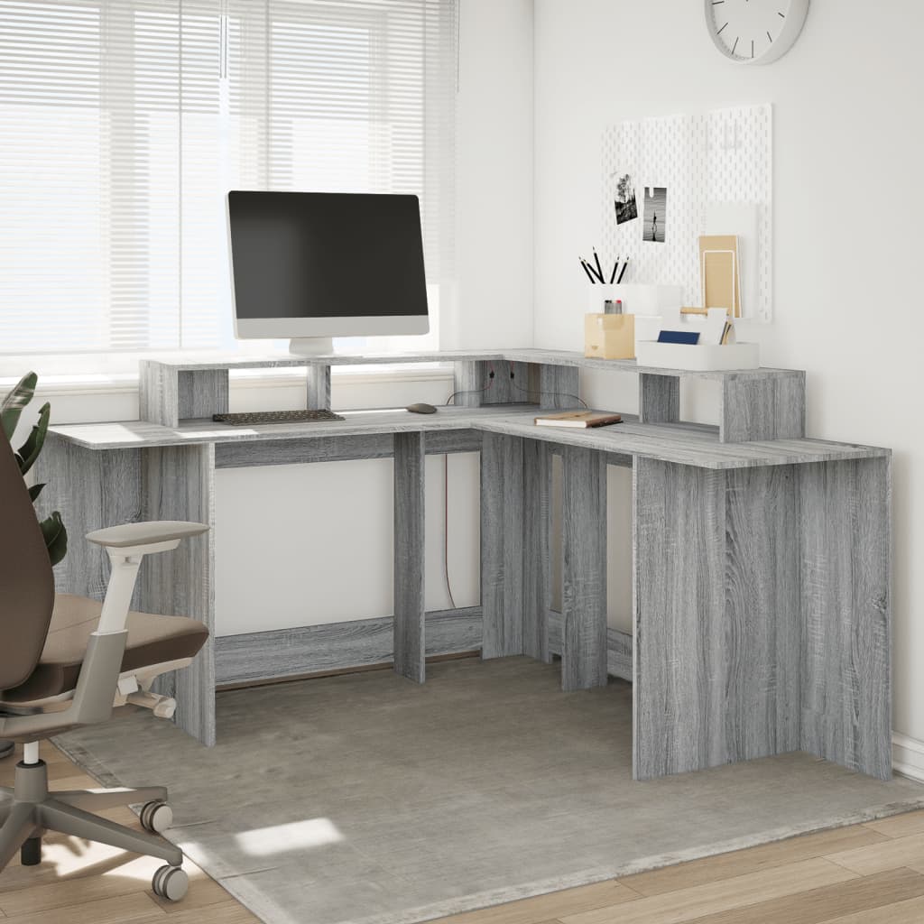 Bureau met LED-verlichting 152x152x91 cm hout grijs sonoma