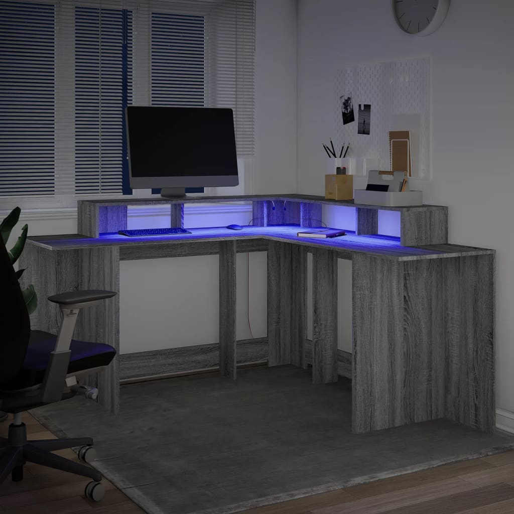 Bureau met LED-verlichting 152x152x91 cm hout grijs sonoma