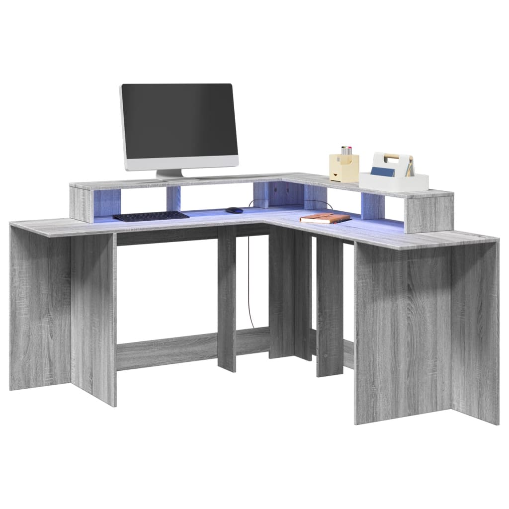 Bureau met LED-verlichting 152x152x91 cm hout grijs sonoma