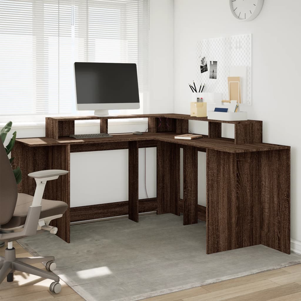 Bureau met LED-verlichting 152x152x91 cm hout bruin eikenkleur