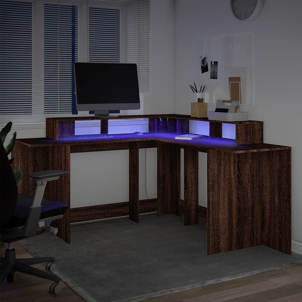 Bureau met LED-verlichting 152x152x91 cm hout bruin eikenkleur