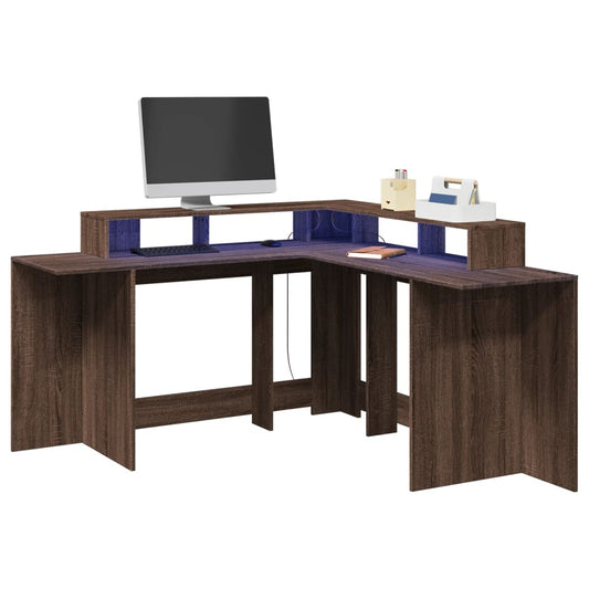 Bureau met LED-verlichting 152x152x91 cm hout bruin eikenkleur