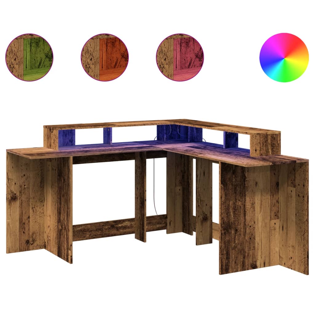 Bureau met LED-verlichting 152x152x91 cm bewerkt hout oud hout