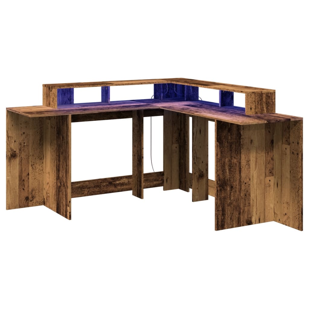 Bureau met LED-verlichting 152x152x91 cm bewerkt hout oud hout