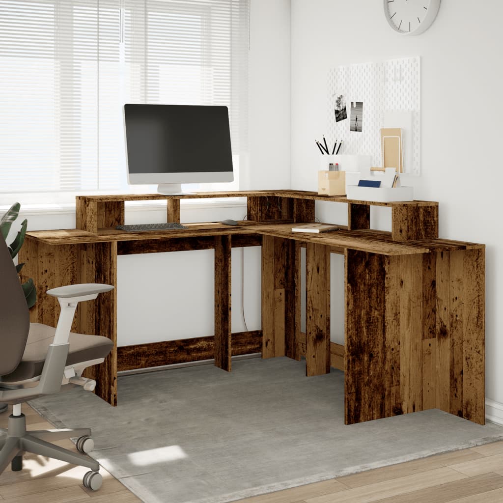 Bureau met LED-verlichting 152x152x91 cm bewerkt hout oud hout