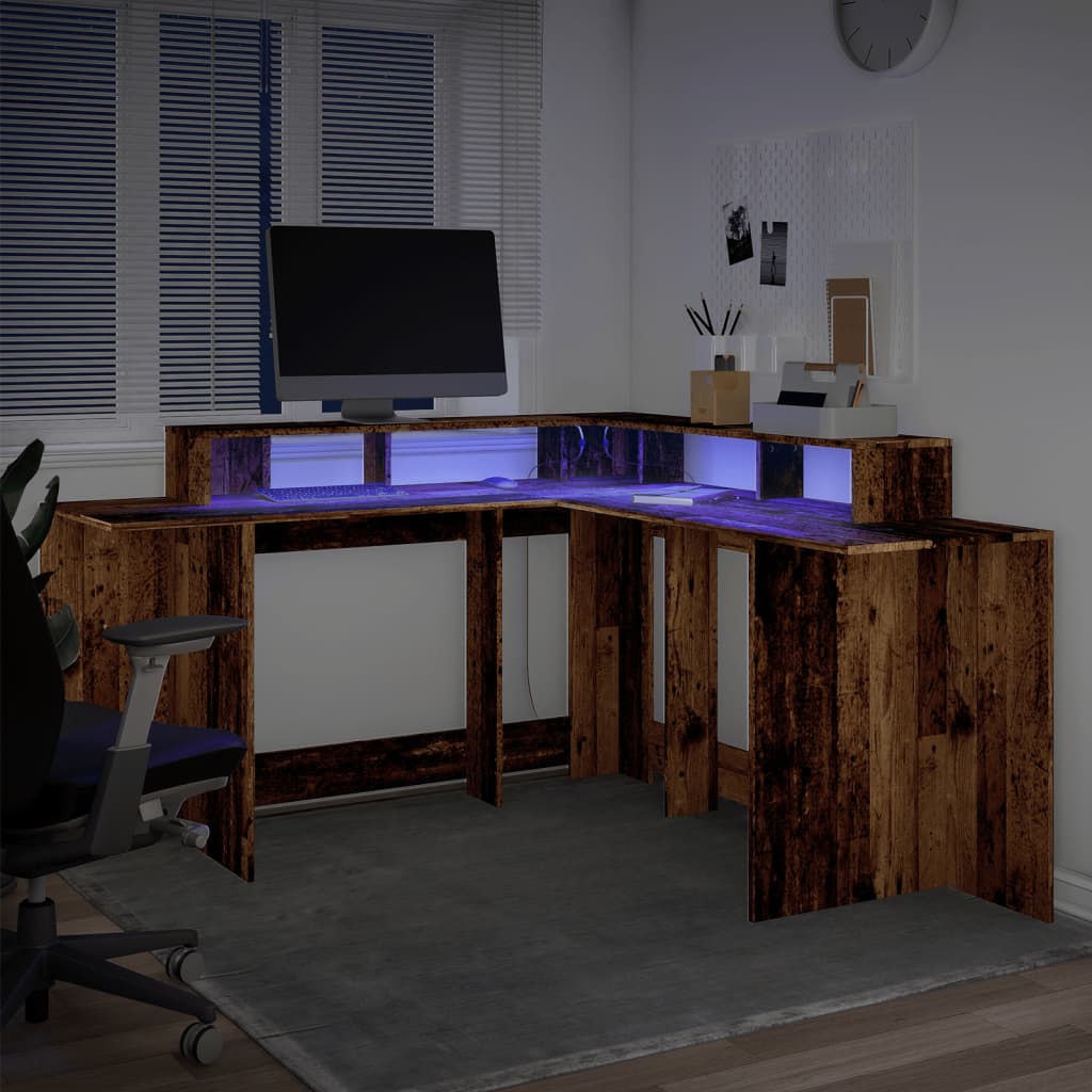 Bureau met LED-verlichting 152x152x91 cm bewerkt hout oud hout