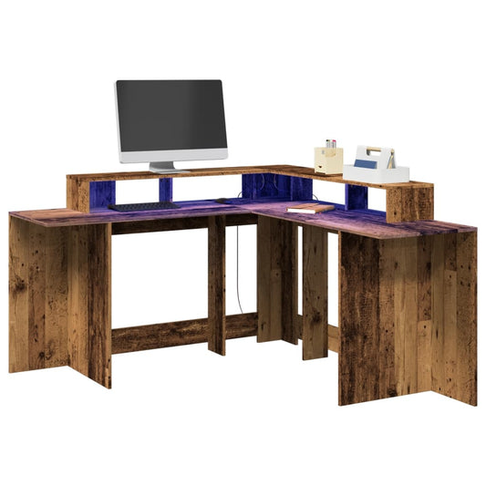 Bureau met LED-verlichting 152x152x91 cm bewerkt hout oud hout