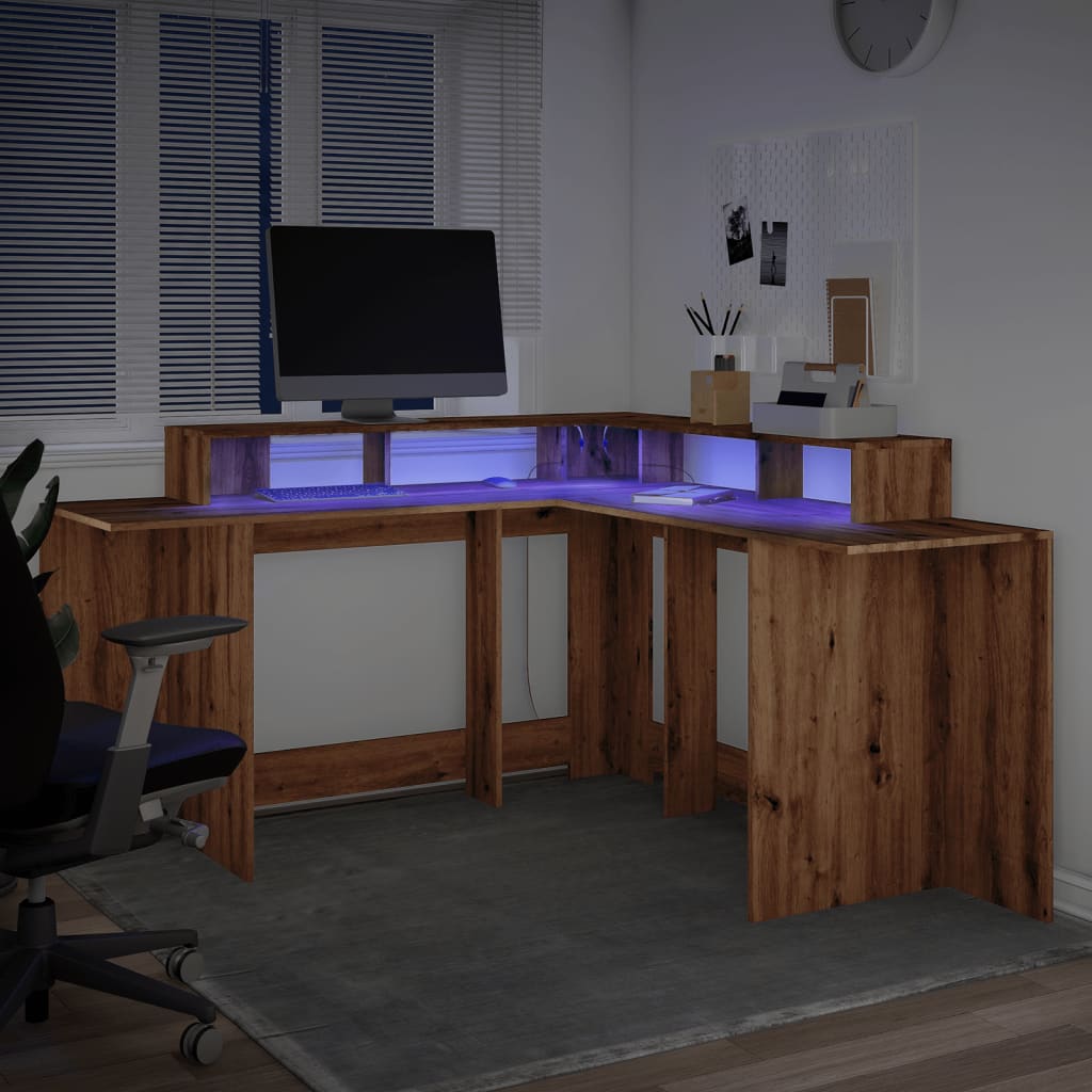 Bureau met LED-verlichting 152x152x91 cm hout artisanaal eiken