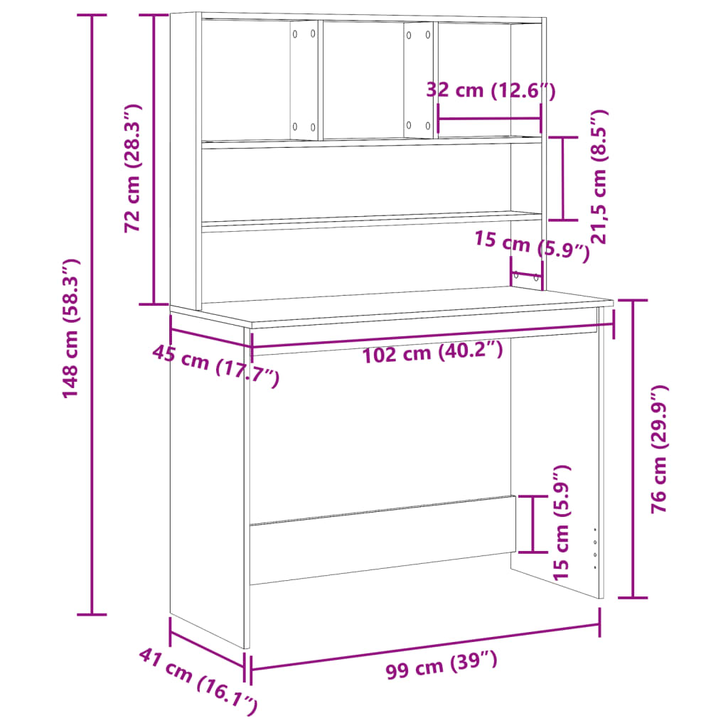 Bureau met schappen 102x45x148 cm bewerkt hout artisanaal eiken